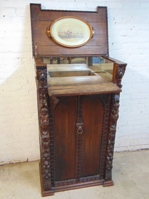 Carved oak cabinet, English, 2 door & lift top bar area (1 of 7)