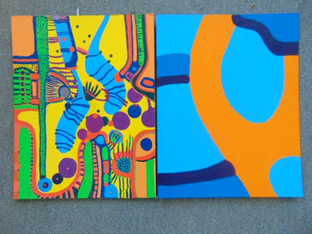 2 paintings, Louise Abrams, Outsider Art Collection,: 2 paintings, Louise Abrams, Outsider Art Collection, oil on canvas board, 14" by 18", from the collection of the artist. This lot is part of a large collection of sculpture and paintings from a newly 