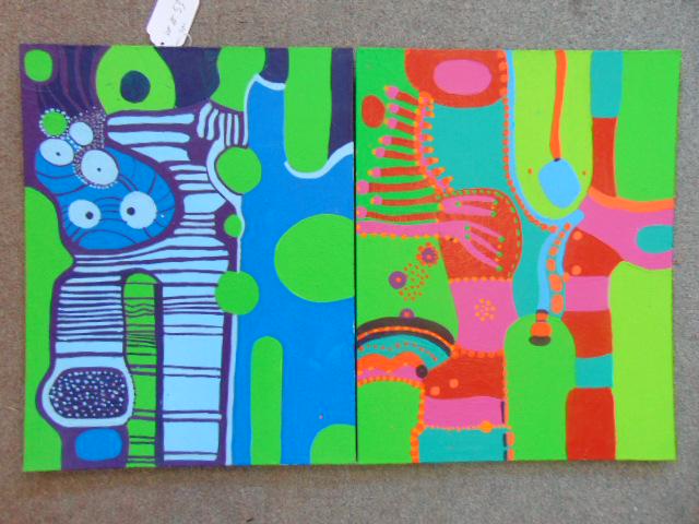 2 paintings, Louise Abrams, Outsider Art Collection,: 2 paintings, Louise Abrams, Outsider Art Collection, oil on canvas board, 14" by 18", from the collection of the artist. This lot is part of a large collection of sculpture and paintings from a newly 