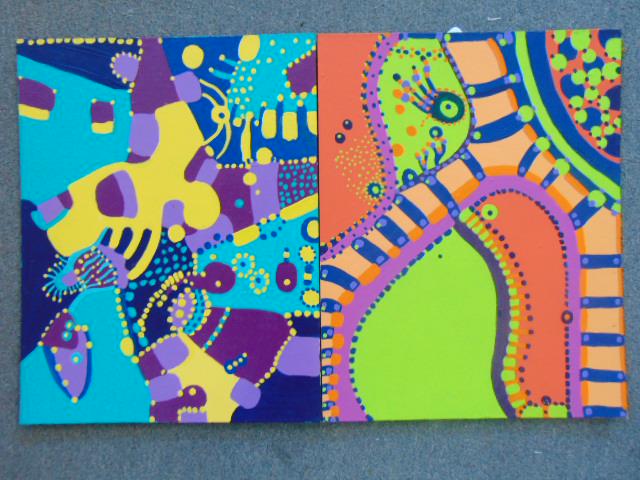 2 paintings, Louise Abrams, Outsider Art Collection,: 2 paintings, Louise Abrams, Outsider Art Collection, oil on canvas board, 14" by 18", from the collection of the artist. This lot is part of a large collection of sculpture and paintings from a newly 