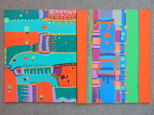 2 paintings, Louise Abrams, Outsider Art Collection,: 2 paintings, Louise Abrams, Outsider Art Collection, oil on canvas board, 14" by 18", from the collection of the artist. This lot is part of a large collection of sculpture and paintings from a newly 