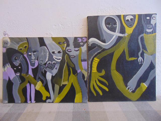 2 paintings, Louise Abrams, Outsider Art Collection,: 2 paintings, Louise Abrams, Outsider Art Collection, oil on canvas, 14" by 18" from the collection of the artist. This lot is part of a large collection of sculpture and paintings from a newly redisco