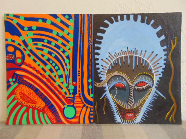 2 paintings, Louise Abrams, Outsider Art Collection,: 2 paintings, Louise Abrams, Outsider Art Collection, oil on canvas board, 14" by 18", from the collection of the artist. This lot is part of a large collection of sculpture and paintings from a newly 