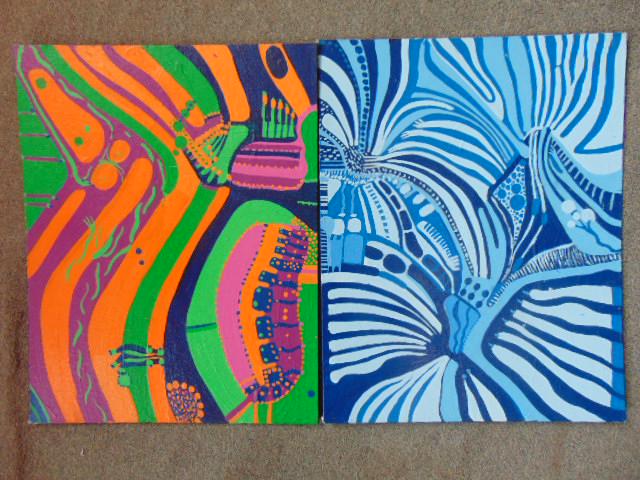 2 paintings, Louise Abrams, Outsider Art Collection,: 2 paintings, Louise Abrams, Outsider Art Collection, oil on canvas board, 14" by 18", from the collection of the artist. This lot is part of a large collection of sculpture and paintings from a newly 