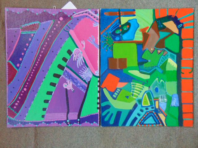 2 paintings, Louise Abrams, Outsider Art Collection,: 2 paintings, Louise Abrams, Outsider Art Collection, oil on canvas board, 14" by 18", from the collection of the artist. This lot is part of a large collection of sculpture and paintings from a newly 