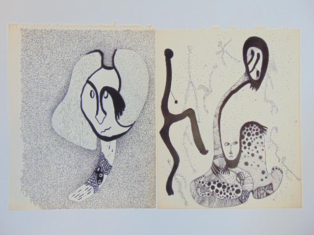 2 pen & ink drawings, Louise Abrams, Outsider Art (1 of 2)