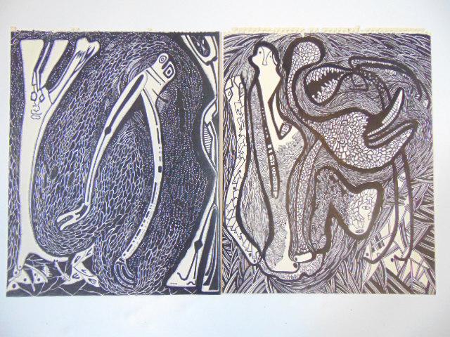 2 pen & ink drawings, Louise Abrams, Outsider Art (1 of 2)