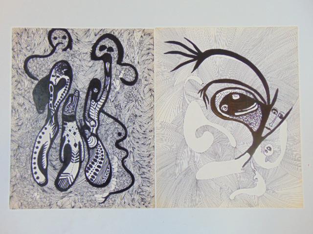 2 pen & ink drawings, Louise Abrams, Outsider Art (1 of 2)