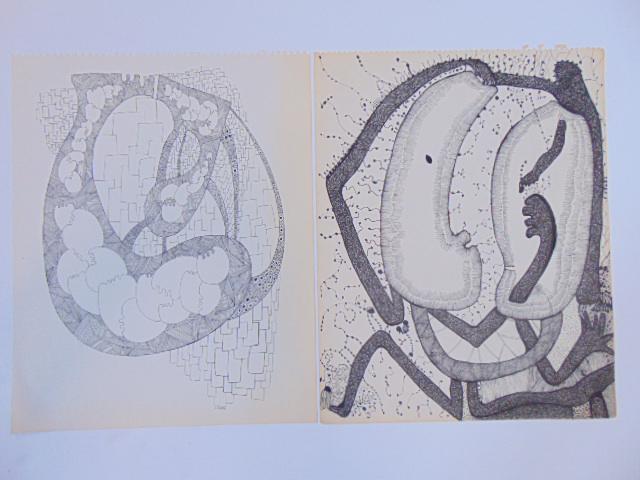 2 pen & ink drawings, Louise Abrams, Outsider Art (1 of 2)