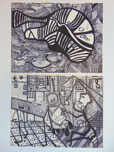 2 pen & ink drawings, Louise Abrams, Outsider Art (1 of 2)