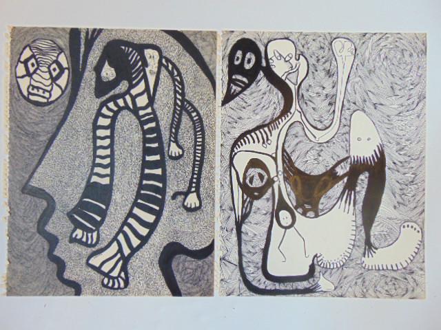 2 pen & ink drawings, Louise Abrams, Outsider Art (1 of 2)
