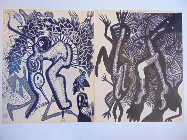 2 pen & ink drawings, Louise Abrams, Outsider Art (1 of 2)