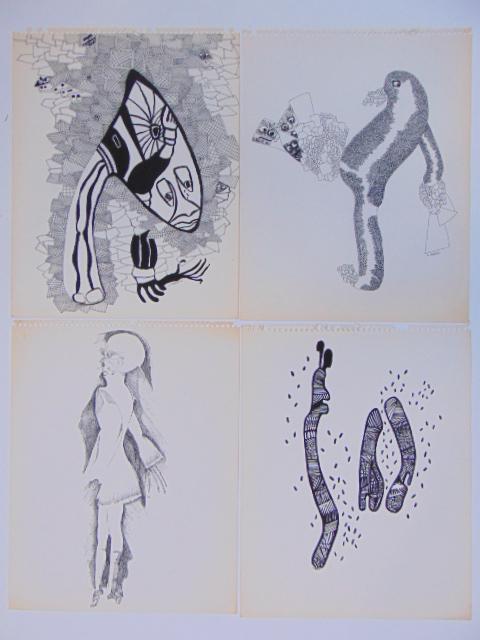 4 pen & ink drawings, Louise Abrams, Outsider Art (1 of 2)