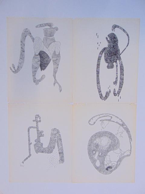 4 pen & ink drawings, Louise Abrams, Outsider Art: 4 pen & ink drawings, Louise Abrams, Outsider Art Collection, ink on paper, 13.75" by 11" from the collection of the artist. This lot is part of a large collection of sculpture and paintings from a ne