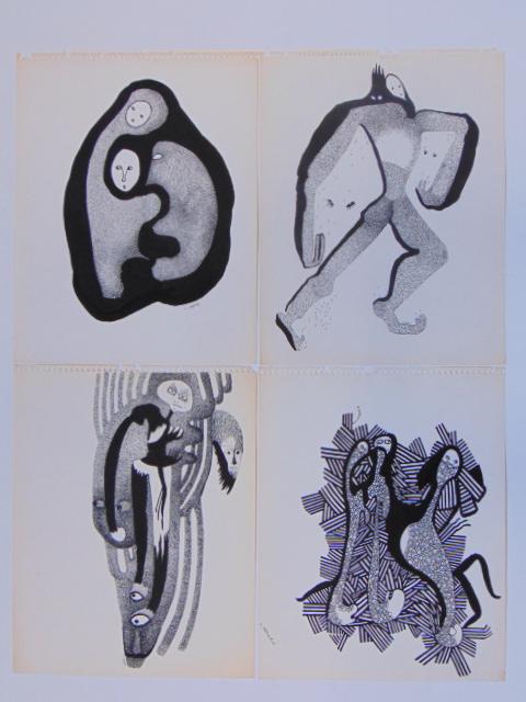 4 pen & ink drawings, Louise Abrams, Outsider Art (1 of 2)