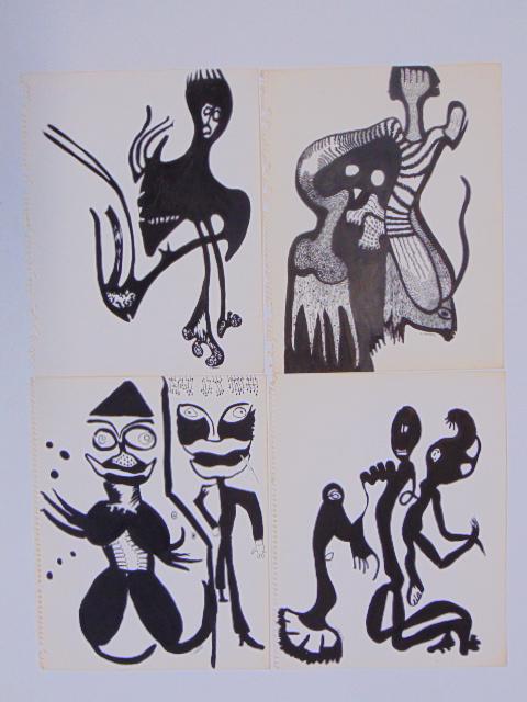 4 pen & ink drawings, Louise Abrams, Outsider Art (1 of 2)