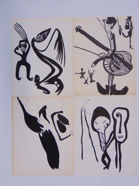 4 pen & ink drawings, Louise Abrams, Outsider Art (1 of 2)