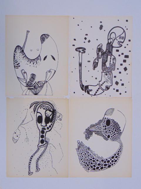 4 pen & ink drawings, Louise Abrams, Outsider Art (1 of 2)