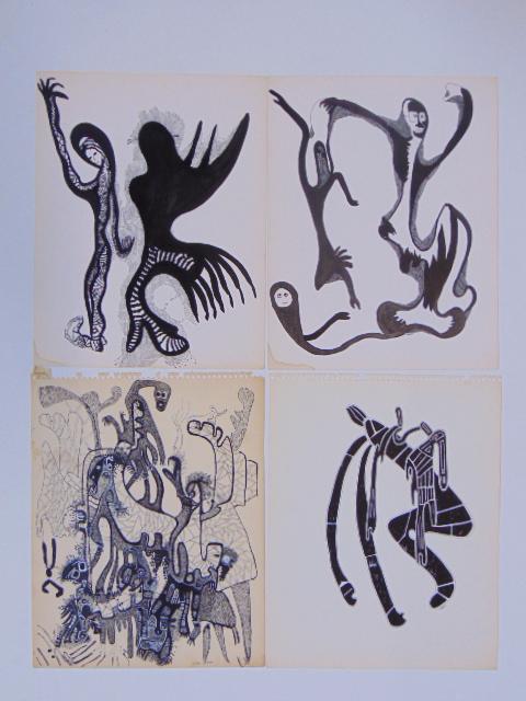4 pen & ink drawings, Louise Abrams, Outsider Art (1 of 2)