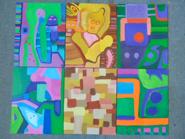 6 paintings, Louise Abrams, Outsider Art Collection,: 6 paintings, Louise Abrams, Outsider Art Collection, oil on canvas board, 11" by 14", from the collection of the artist. This lot is part of a large collection of sculpture and paintings from a newly 