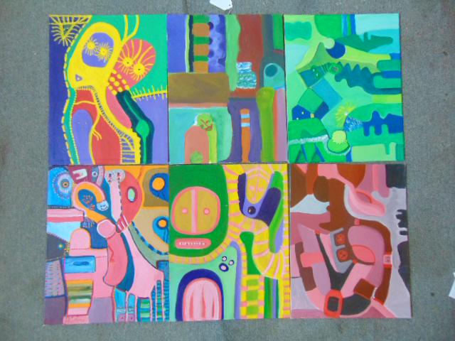 6 paintings, Louise Abrams, Outsider Art Collection,: 6 paintings, Louise Abrams, Outsider Art Collection, oil on canvas board, 14" by 18", from the collection of the artist. This lot is part of a large collection of sculpture and paintings from a newly 