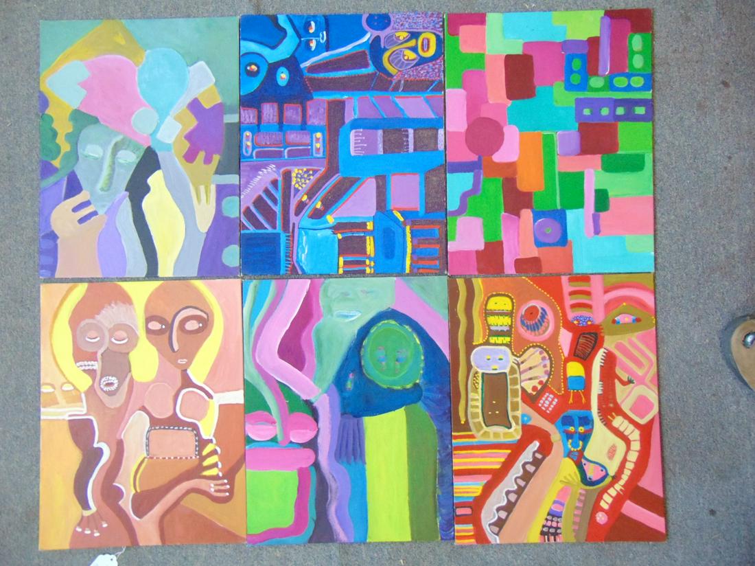 6 paintings, Louise Abrams, Outsider Art Collection,: 6 paintings, Louise Abrams, Outsider Art Collection, oil on canvas board, 14" by 18", from the collection of the artist. This lot is part of a large collection of sculpture and paintings from a newly 