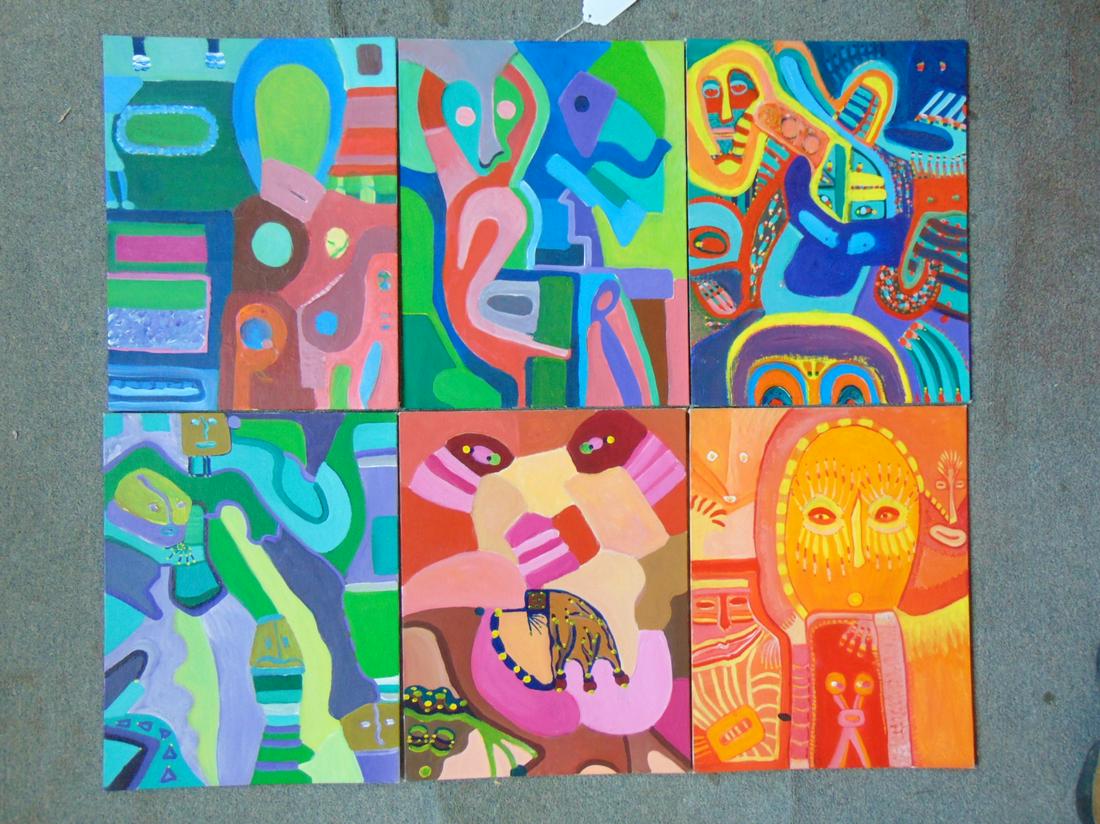 6 paintings, Louise Abrams, Outsider Art Collection,: 6 paintings, Louise Abrams, Outsider Art Collection, oil on canvas board, 14" by 18", from the collection of the artist. This lot is part of a large collection of sculpture and paintings from a newly 