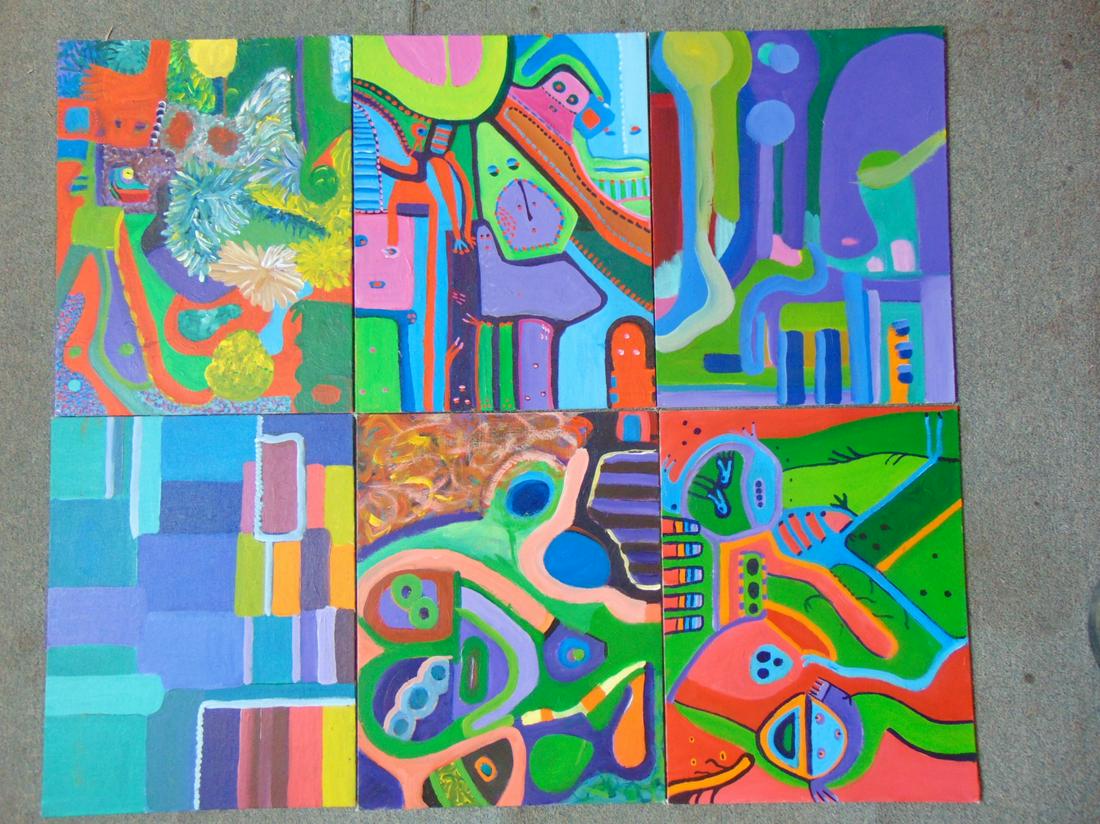 6 paintings, Louise Abrams, Outsider Art Collection,: 6 paintings, Louise Abrams, Outsider Art Collection, oil on canvas board, 14" by 18", from the collection of the artist. This lot is part of a large collection of sculpture and paintings from a newly 