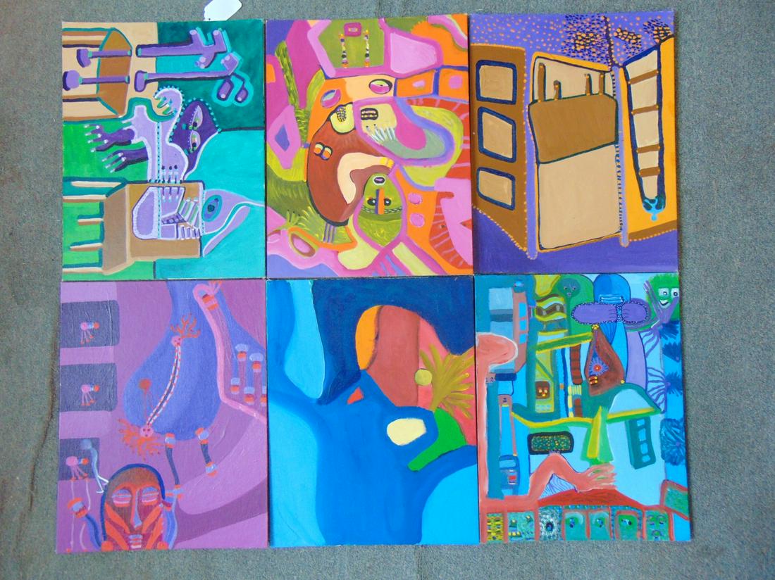 6 paintings, Louise Abrams, Outsider Art Collection,: 6 paintings, Louise Abrams, Outsider Art Collection, oil on canvas board, 14" by 18", from the collection of the artist. This lot is part of a large collection of sculpture and paintings from a newly 