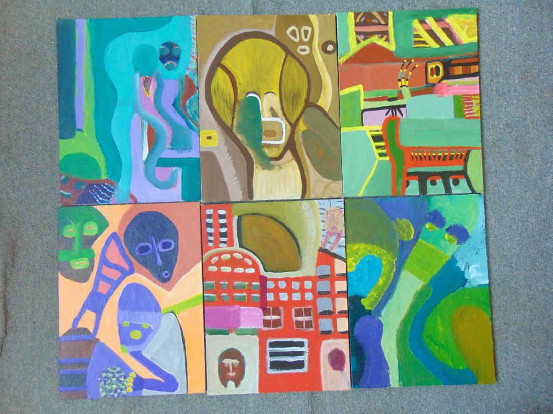 6 paintings, Louise Abrams, Outsider Art Collection,: 6 paintings, Louise Abrams, Outsider Art Collection, oil on canvas board, 12" by 16", from the collection of the artist. This lot is part of a large collection of sculpture and paintings from a newly 