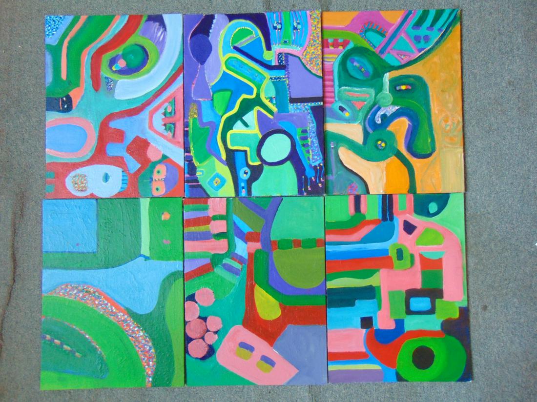6 paintings, Louise Abrams, Outsider Art Collection,: 6 paintings, Louise Abrams, Outsider Art Collection, oil on canvas board, 12" by 16", from the collection of the artist. This lot is part of a large collection of sculpture and paintings from a newly 