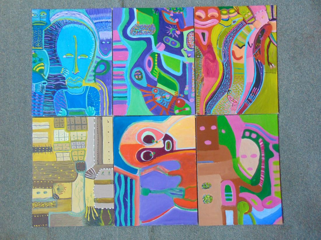 6 paintings, Louise Abrams, Outsider Art Collection,: 6 paintings, Louise Abrams, Outsider Art Collection, oil on canvas board, 12" by 16", from the collection of the artist. This lot is part of a large collection of sculpture and paintings from a newly 