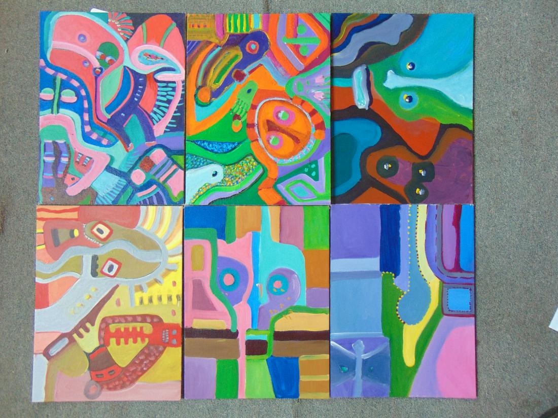6 paintings, Louise Abrams, Outsider Art Collection,: 6 paintings, Louise Abrams, Outsider Art Collection, oil on canvas board, 12" by 16", from the collection of the artist. This lot is part of a large collection of sculpture and paintings from a newly 