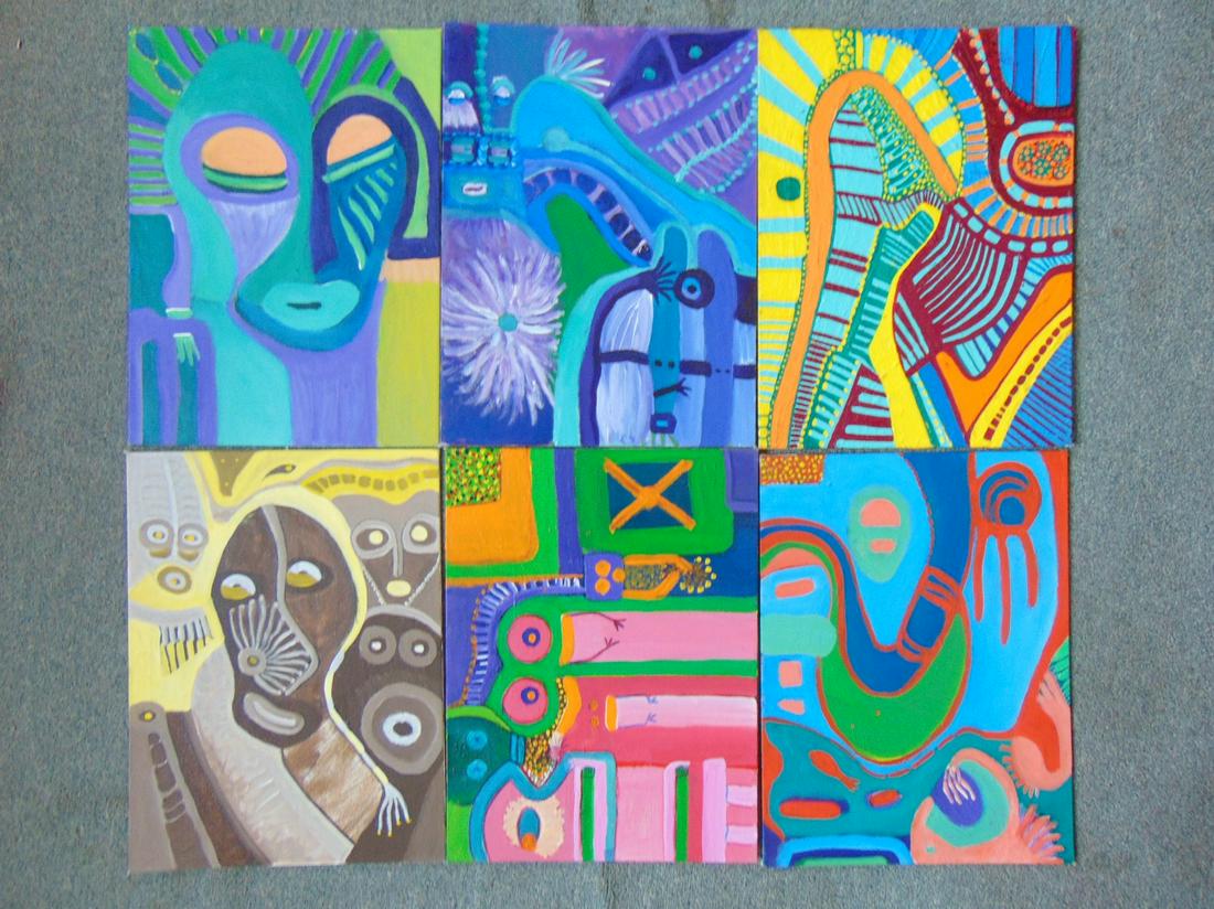 6 paintings, Louise Abrams, Outsider Art Collection,: 6 paintings, Louise Abrams, Outsider Art Collection, oil on canvas board, 12" by 16", from the collection of the artist. This lot is part of a large collection of sculpture and paintings from a newly 