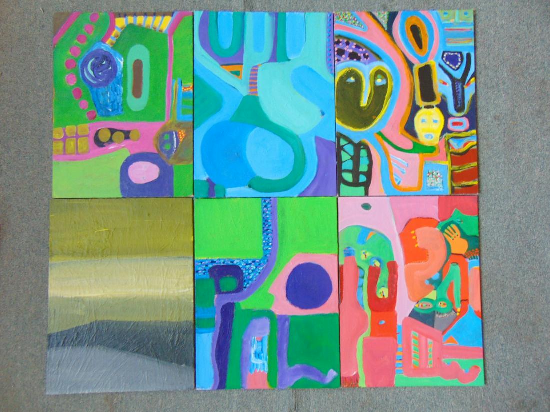 6 paintings, Louise Abrams, Outsider Art Collection,: 6 paintings, Louise Abrams, Outsider Art Collection, oil on canvas board, 12" by 16", from the collection of the artist. This lot is part of a large collection of sculpture and paintings from a newly 