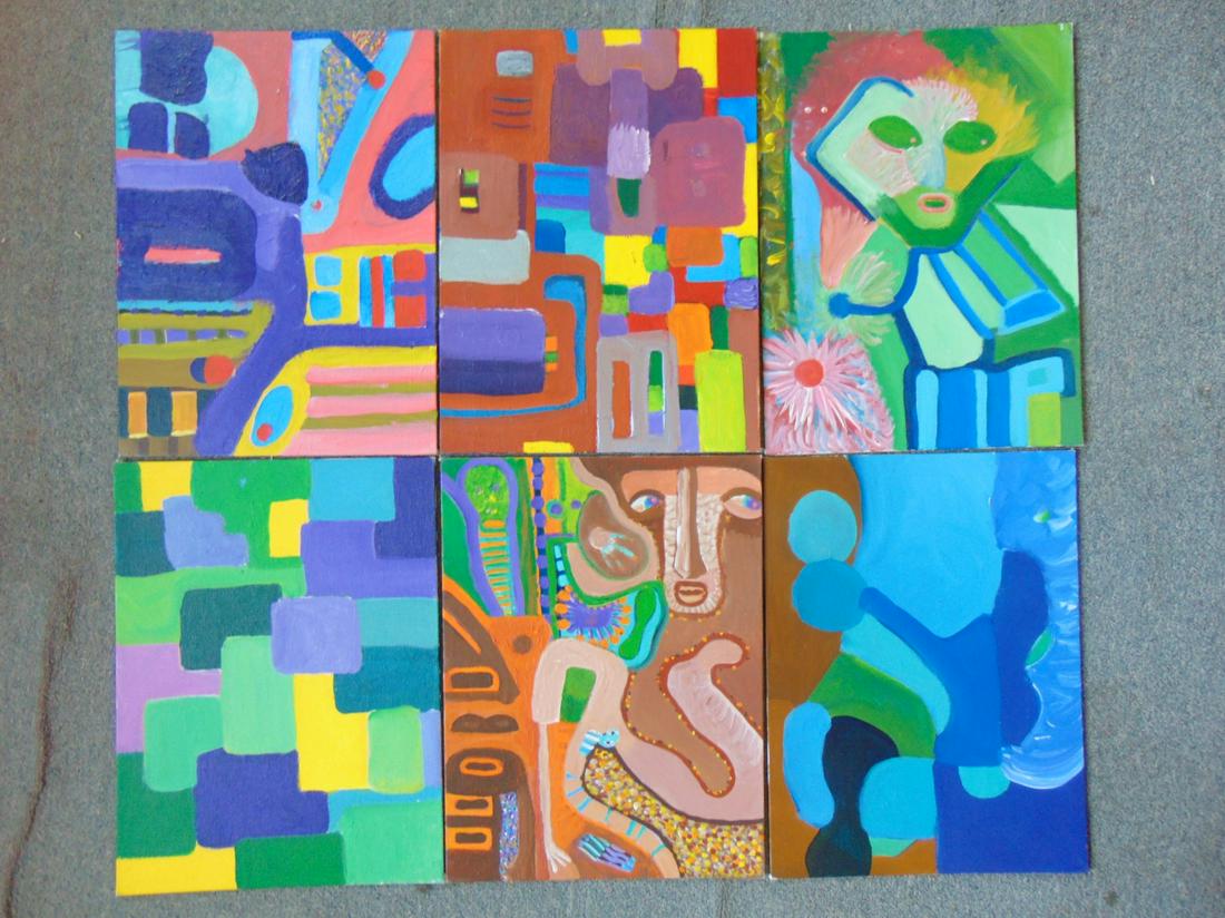 6 paintings, Louise Abrams, Outsider Art Collection,: 6 paintings, Louise Abrams, Outsider Art Collection, oil on canvas board, 12" by 16", from the collection of the artist. This lot is part of a large collection of sculpture and paintings from a newly 