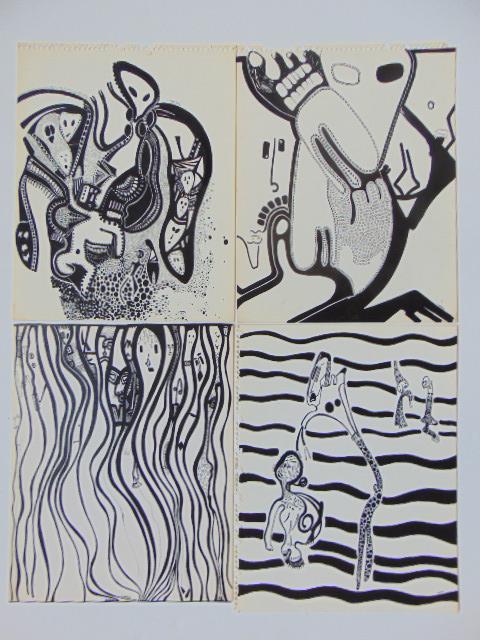 4 pen & ink drawings, Louise Abrams, Outsider Art: 4 pen & ink drawings, Louise Abrams, Outsider Art Collection, ink on paper, 13.75" by 11" from the collection of the artist. This lot is part of a large collection of sculpture and paintings from a ne