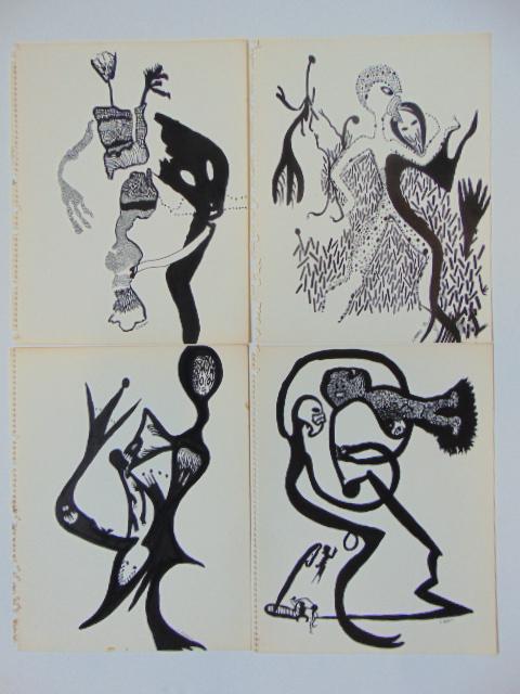 4 pen & ink drawings, Louise Abrams, Outsider Art (1 of 2)