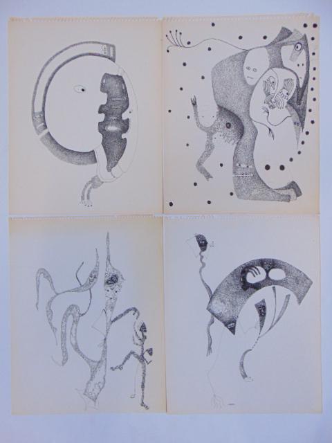 4 pen & ink drawings, Louise Abrams, Outsider Art: 4 pen & ink drawings, Louise Abrams, Outsider Art Collection, ink on paper, 13.75" by 11" from the collection of the artist. This lot is part of a large collection of sculpture and paintings from a ne