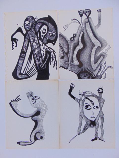 4 pen & ink drawings, Louise Abrams, Outsider Art (1 of 2)