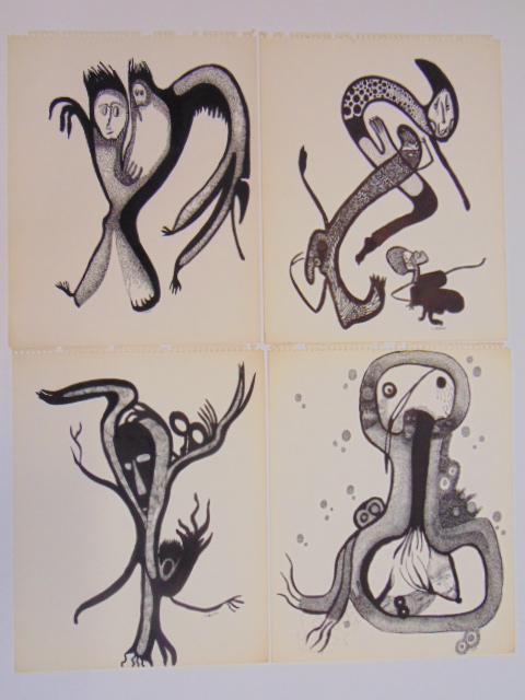 4 pen & ink drawings, Louise Abrams, Outsider Art (1 of 2)