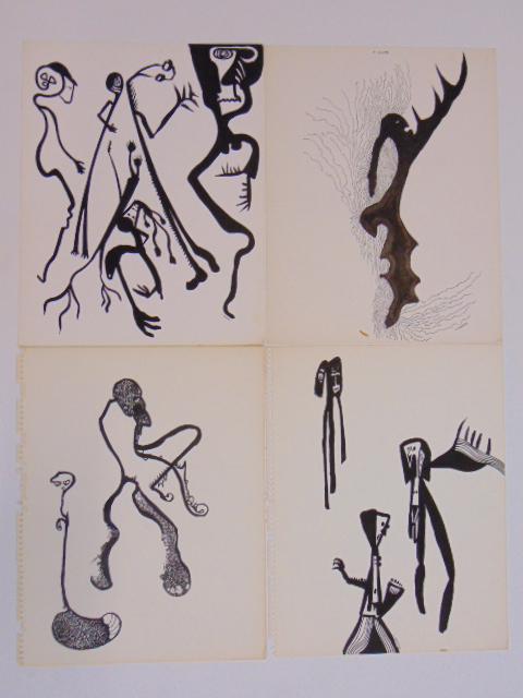 4 pen & ink drawings, Louise Abrams, Outsider Art (1 of 2)
