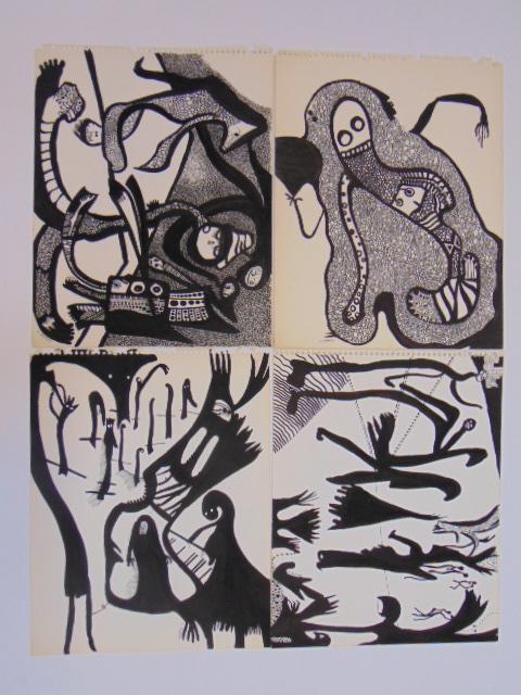 4 pen & ink drawings, Louise Abrams, Outsider Art (1 of 2)