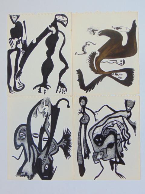 4 pen & ink drawings, Louise Abrams, Outsider Art (1 of 2)