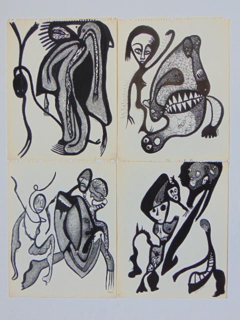 4 pen & ink drawings, Louise Abrams, Outsider Art: 4 pen & ink drawings, Louise Abrams, Outsider Art Collection, ink on paper, 13.75" by 11" from the collection of the artist. This lot is part of a large collection of sculpture and paintings from a ne