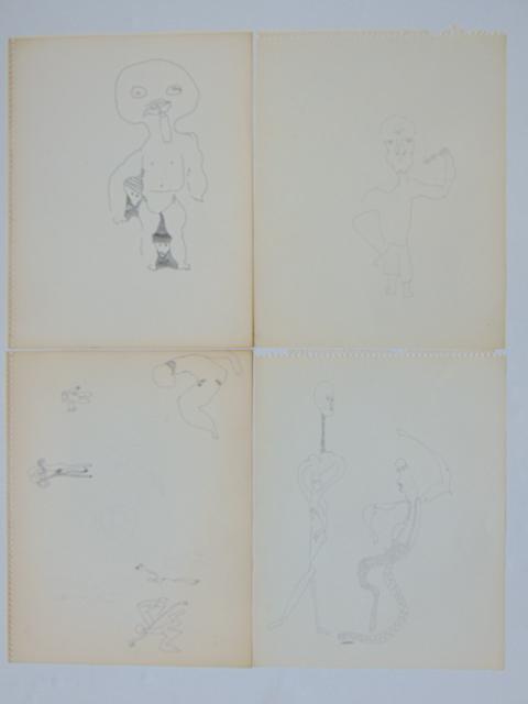 4 pen & ink drawings, Louise Abrams, Outsider Art: 4 pen & ink drawings, Louise Abrams, Outsider Art Collection, ink on paper, 13.75" by 11" from the collection of the artist. This lot is part of a large collection of sculpture and paintings from a ne