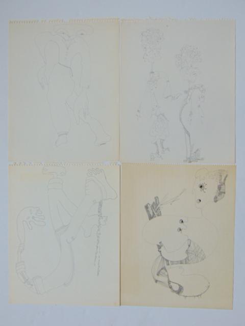 4 pen & ink drawings, Louise Abrams, Outsider Art: 4 pen & ink drawings, Louise Abrams, Outsider Art Collection, ink on paper, 13.75" by 11" from the collection of the artist. This lot is part of a large collection of sculpture and paintings from a ne