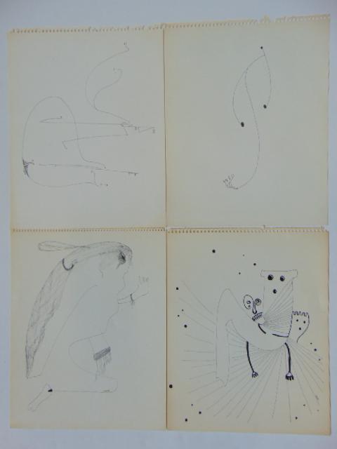 4 pen & ink drawings, Louise Abrams, Outsider Art: 4 pen & ink drawings, Louise Abrams, Outsider Art Collection, ink on paper, 13.75" by 11" from the collection of the artist. This lot is part of a large collection of sculpture and paintings from a ne
