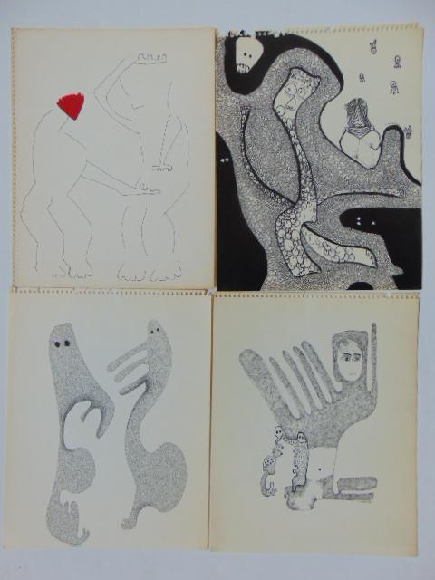 4 pen & ink drawings, Louise Abrams, Outsider Art: 4 pen & ink drawings, Louise Abrams, Outsider Art Collection, ink on paper, 13.75" by 11" from the collection of the artist. This lot is part of a large collection of sculpture and paintings from a ne
