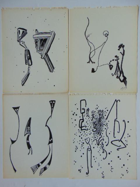 4 pen & ink drawings, Louise Abrams, Outsider Art (1 of 2)